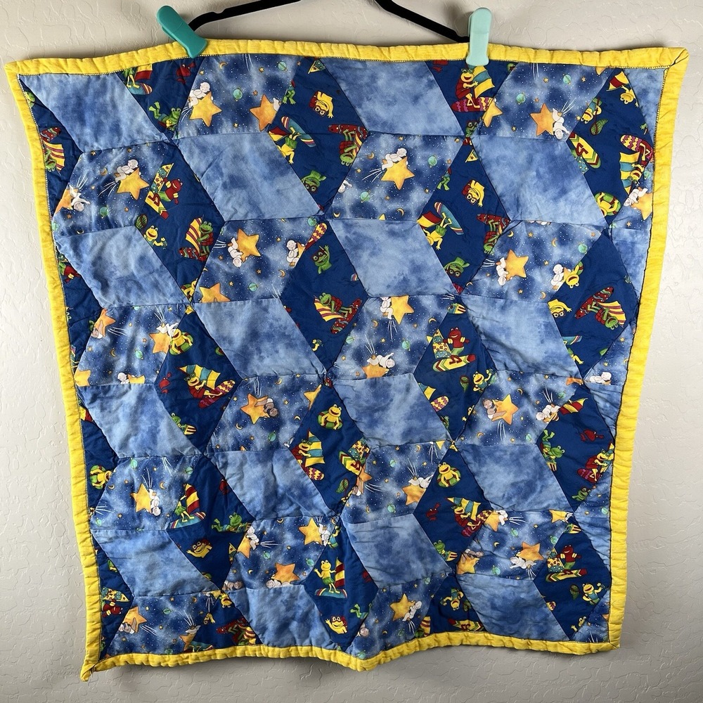 Handmade Baby Quilt 36"x37" Cartoon Frogs Windsurfing Stars Space Moon‎